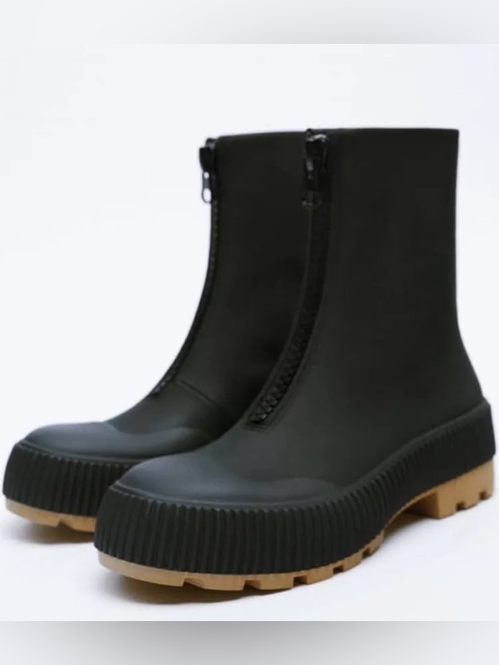 Zara Black Ankle Rain Boots with Tan Lug Sole